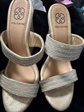 Daisy Fuentes Champagne Gold Rhinestone Double-Strap Slide Heels